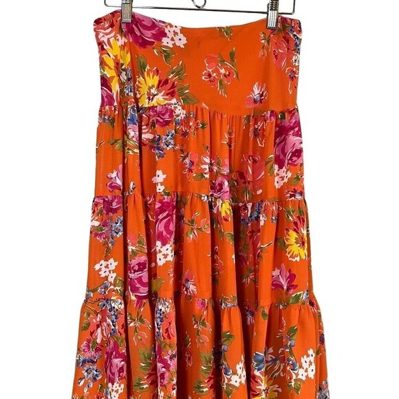 Chaps Floral Preppy Skirt M Orange Euro Summer Old Money Classic Western Boho - Picture 6 of 9